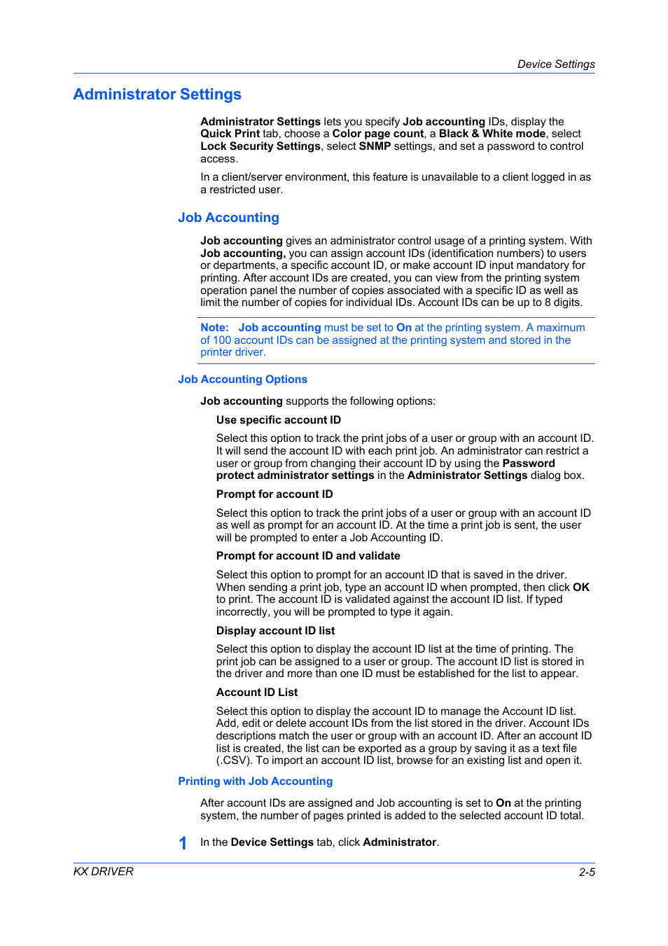 Administrator settings, Job accounting, Job accounting options | Printing with job accounting, Administrator settings -5, Job accounting -5 | Kyocera FS-C5100DN User Manual | Page 19 / 92