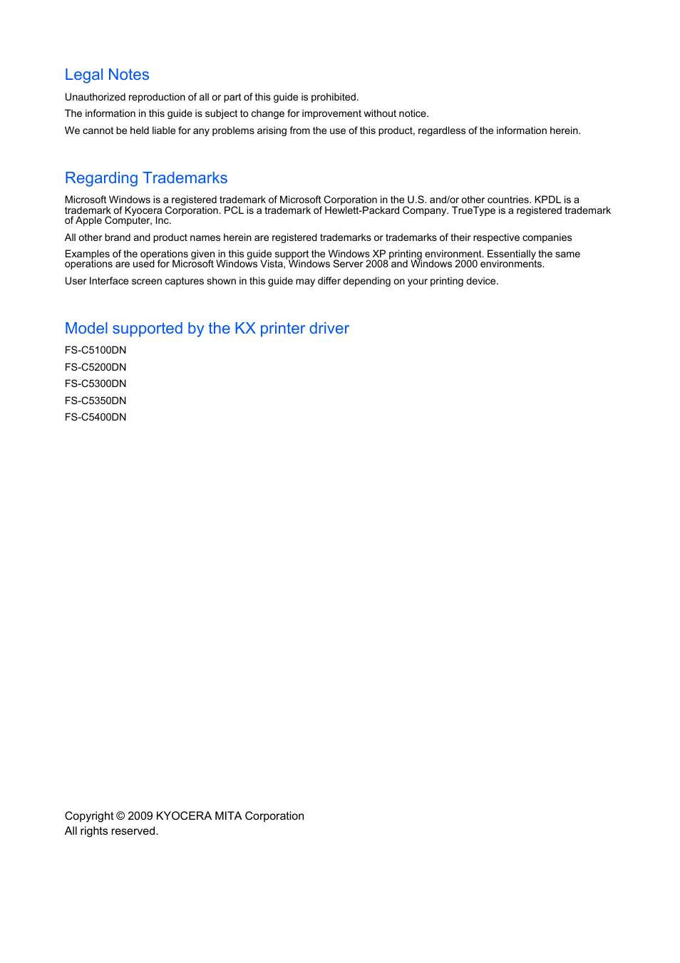 Regarding trademarks, Model supported by the kx printer driver | Kyocera FS-C5100DN User Manual | Page 2 / 92