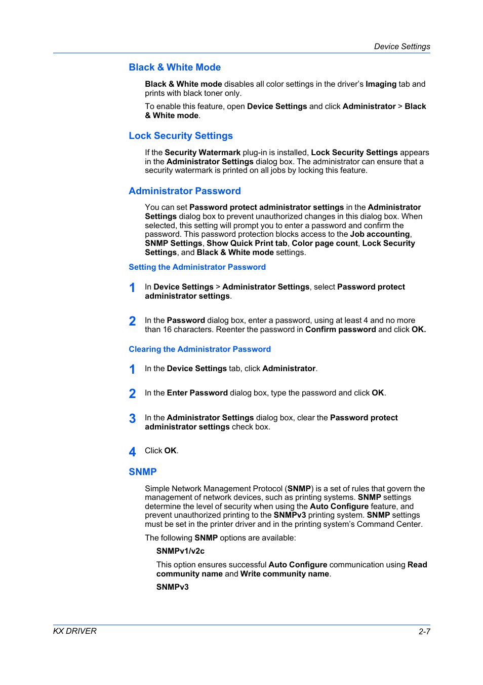 Black & white mode, Lock security settings, Administrator password | Setting the administrator password, Clearing the administrator password, Snmp | Kyocera FS-C5100DN User Manual | Page 21 / 92