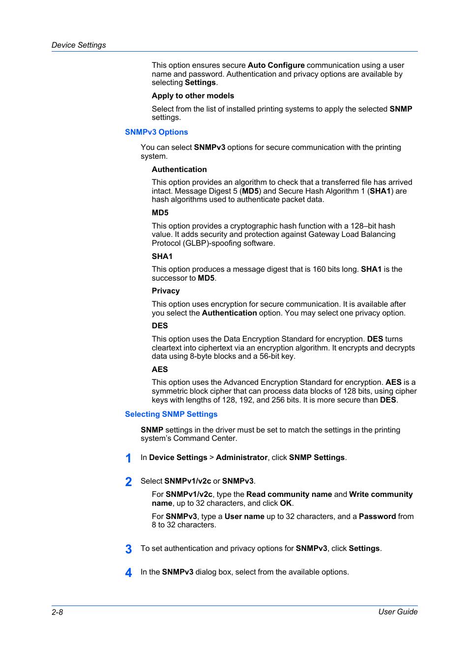 Snmpv3 options, Selecting snmp settings | Kyocera FS-C5100DN User Manual | Page 22 / 92