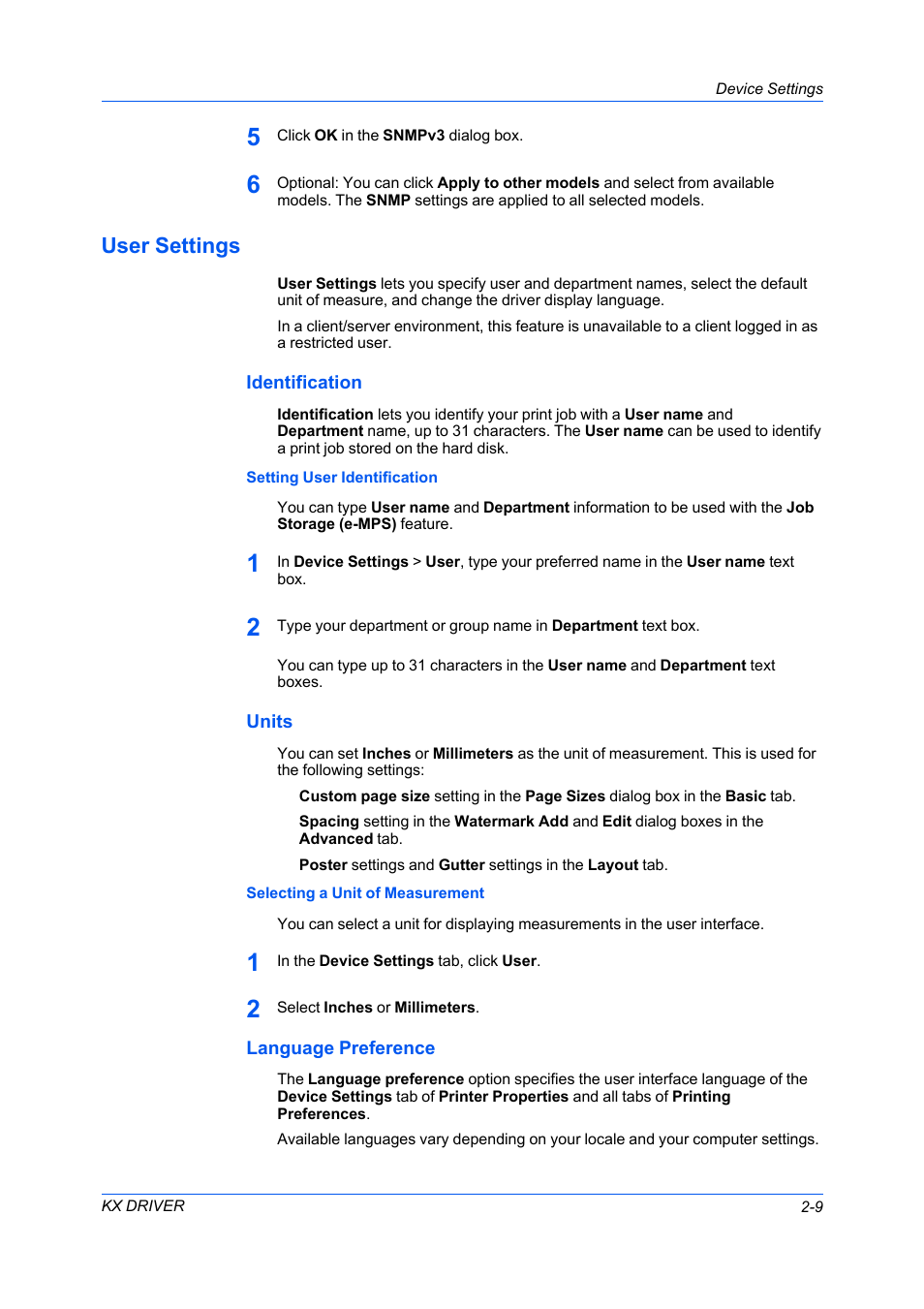 User settings, Identification, Setting user identification | Units, Selecting a unit of measurement, Language preference, User settings -9, Identification -9 units -9 language preference -9 | Kyocera FS-C5100DN User Manual | Page 23 / 92