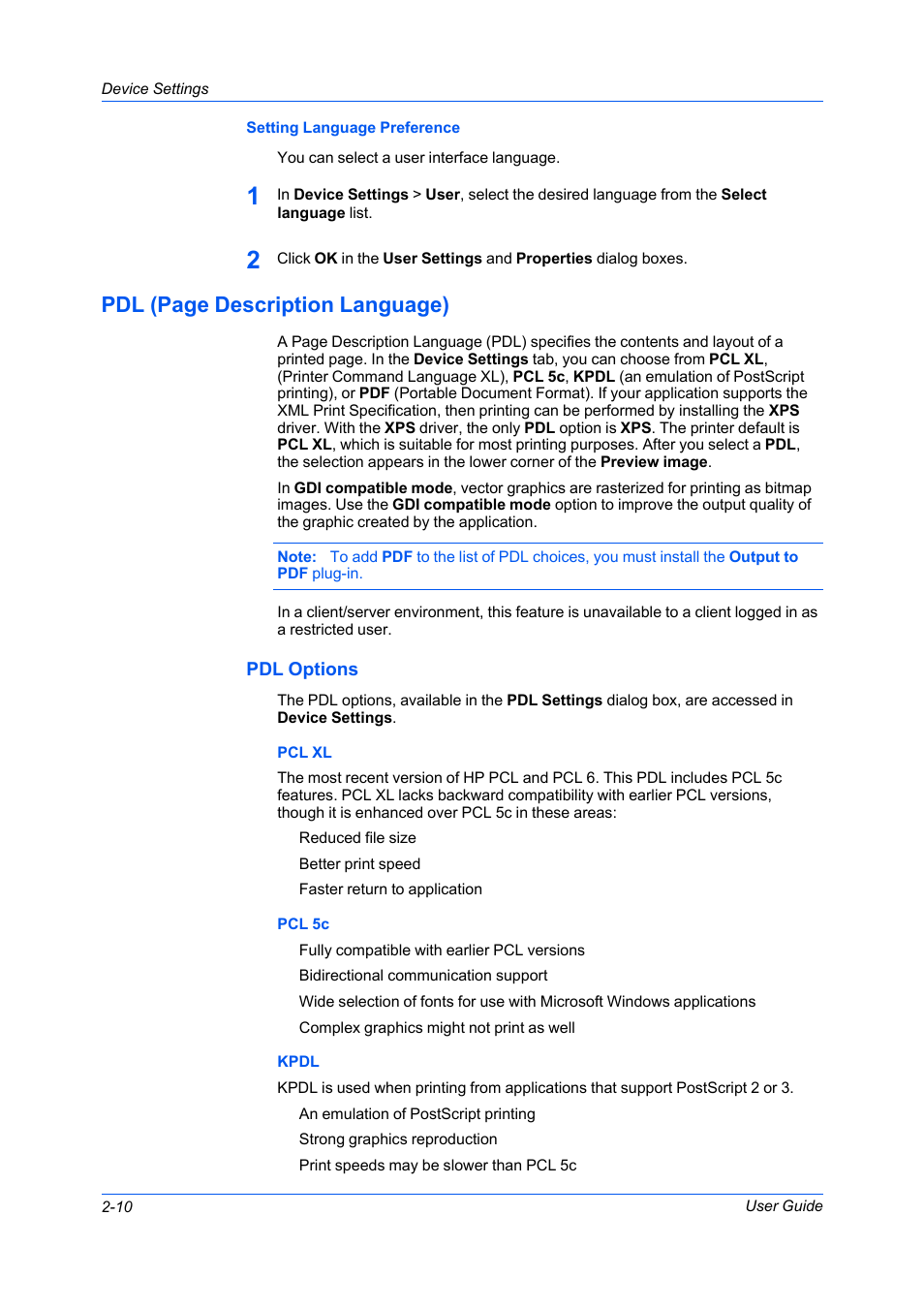 Setting language preference, Pdl options, Pdl options -10 | Pdl (page description language) | Kyocera FS-C5100DN User Manual | Page 24 / 92