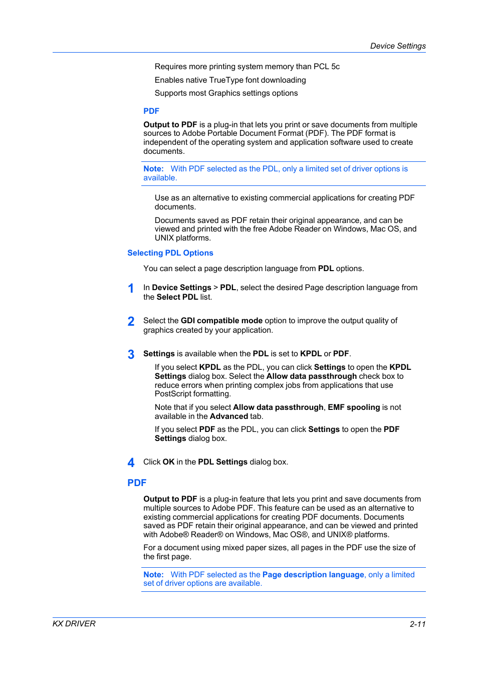 Selecting pdl options, Pdf -11 | Kyocera FS-C5100DN User Manual | Page 25 / 92