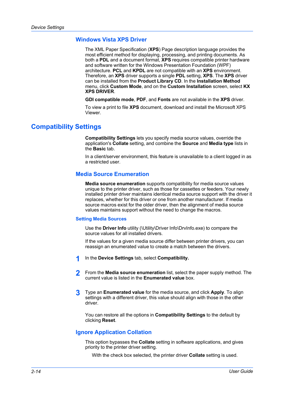Windows vista xps driver, Compatibility settings, Media source enumeration | Setting media sources, Ignore application collation, Windows vista xps driver -14, Compatibility settings -14, Media source enumeration -14, Ignore application collation -14 | Kyocera FS-C5100DN User Manual | Page 28 / 92