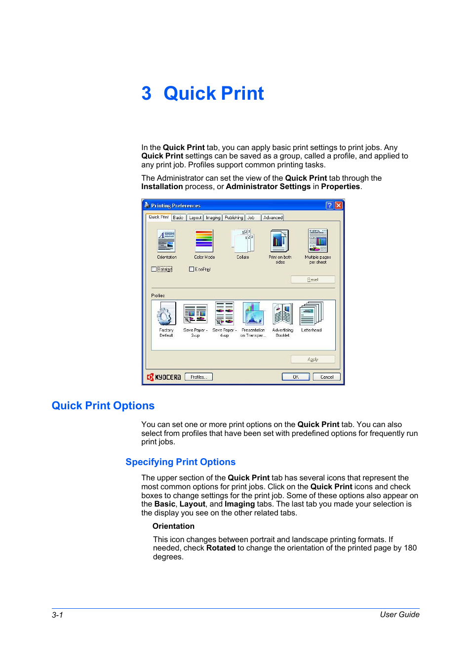 3 quick print, Quick print options, Specifying print options | Quick print options -1, Specifying print options -1 | Kyocera FS-C5100DN User Manual | Page 30 / 92