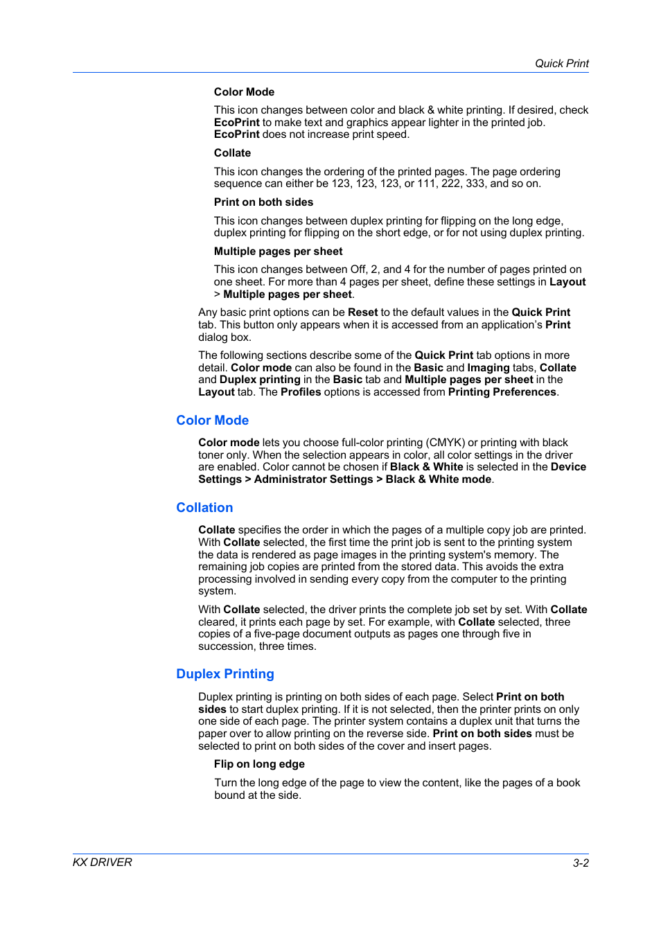 Color mode, Collation, Duplex printing | Color mode -2, 2 duplex printing -2 | Kyocera FS-C5100DN User Manual | Page 31 / 92