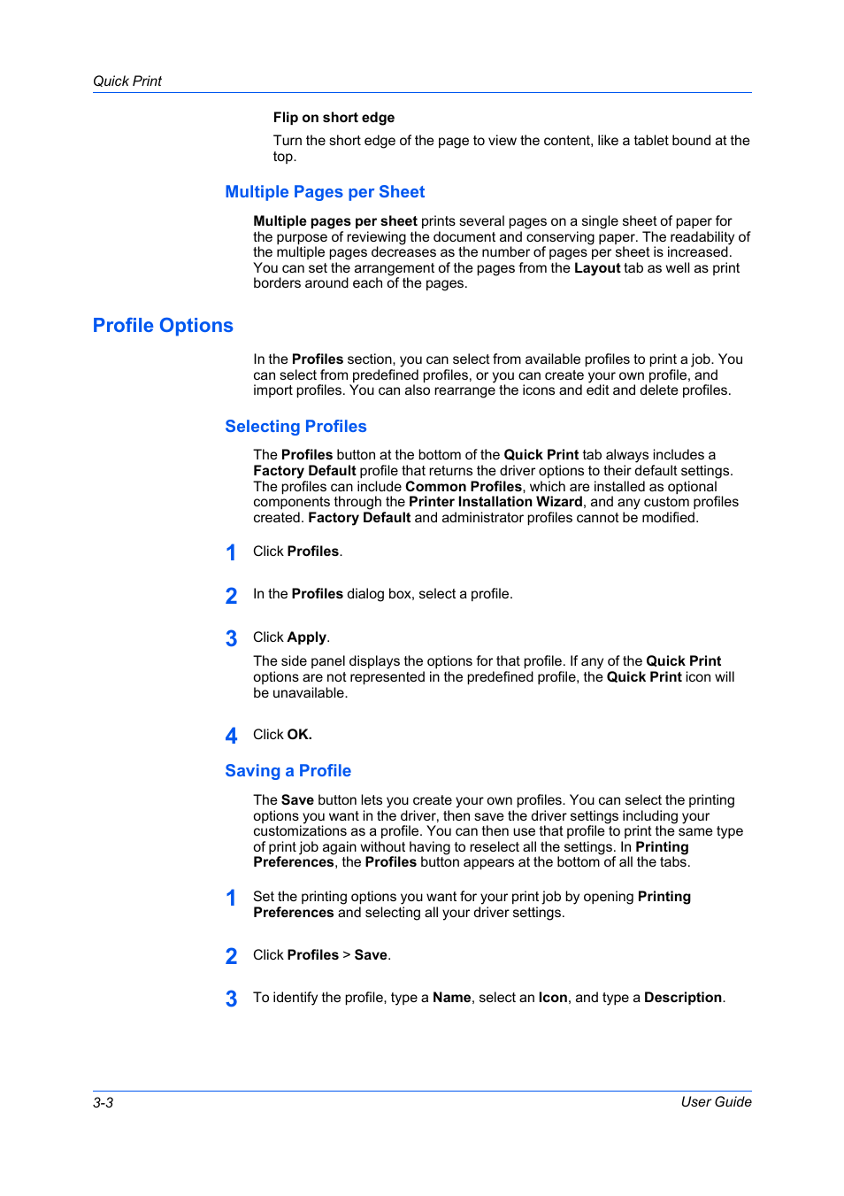 Profile options, Selecting profiles, Saving a profile | Profile options -3, Selecting profiles -3 saving a profile -3 | Kyocera FS-C5100DN User Manual | Page 32 / 92
