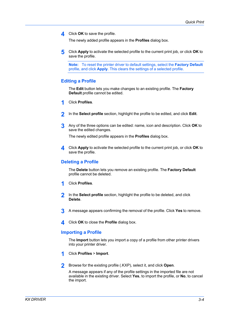 Editing a profile, Deleting a profile, Importing a profile | Kyocera FS-C5100DN User Manual | Page 33 / 92