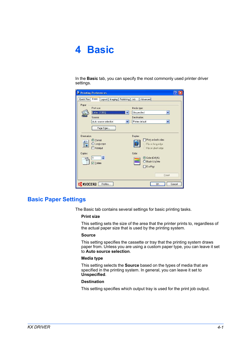 4 basic, Basic paper settings, Basic paper settings -1 | Kyocera FS-C5100DN User Manual | Page 35 / 92