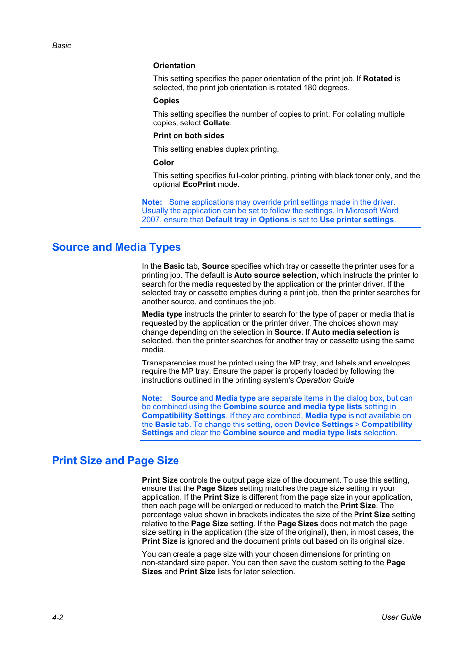Source and media types, Print size and page size | Kyocera FS-C5100DN User Manual | Page 36 / 92