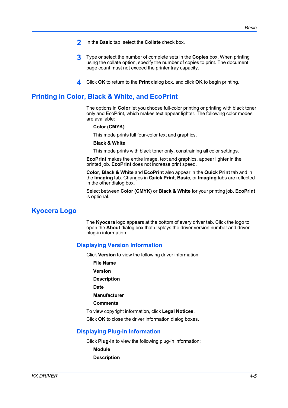 Printing in color, black & white, and ecoprint, Kyocera logo, Displaying version information | Displaying plug-in information | Kyocera FS-C5100DN User Manual | Page 39 / 92
