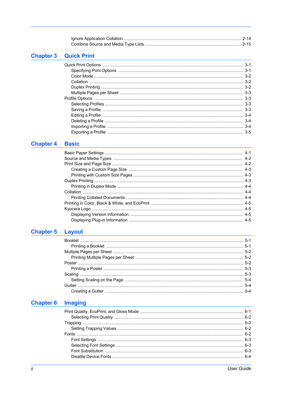 Chapter 3 quick print, Chapter 4 basic, Chapter 5 layout | Chapter 6 imaging | Kyocera FS-C5100DN User Manual | Page 4 / 92