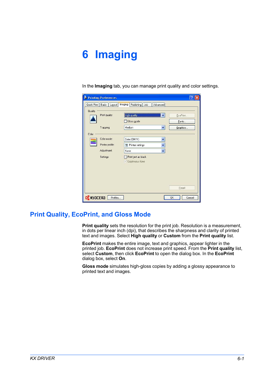 6 imaging, Print quality, ecoprint, and gloss mode, Print quality, ecoprint, and gloss mode -1 | Kyocera FS-C5100DN User Manual | Page 45 / 92
