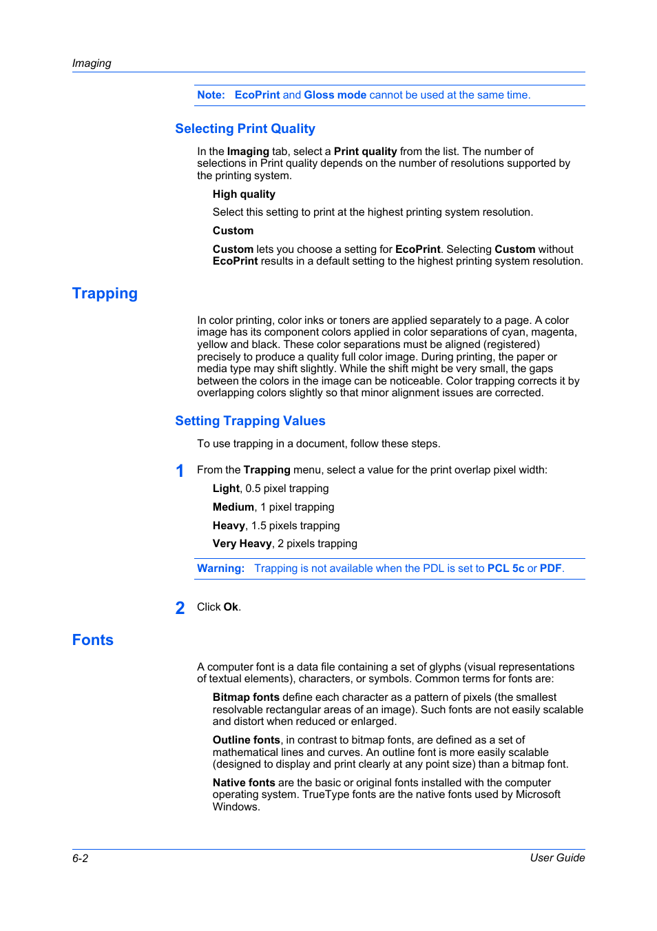 Selecting print quality, Trapping, Setting trapping values | Fonts, Selecting print quality -2, Trapping -2, Setting trapping values -2, Fonts -2 | Kyocera FS-C5100DN User Manual | Page 46 / 92