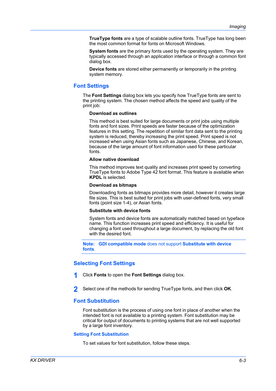 Font settings, Selecting font settings, Font substitution | Setting font substitution | Kyocera FS-C5100DN User Manual | Page 47 / 92