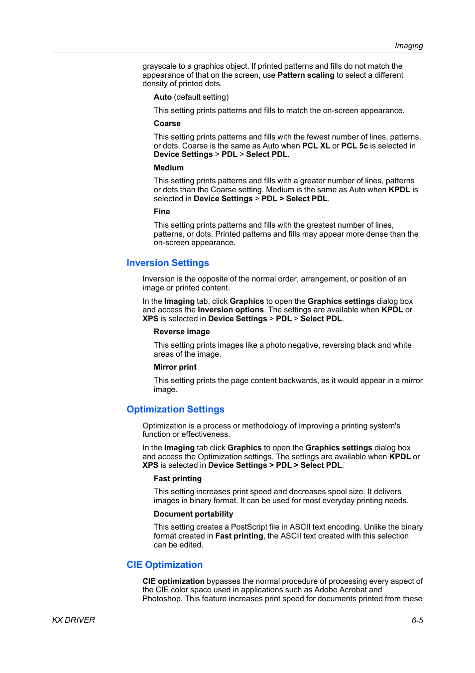Inversion settings, Optimization settings, Cie optimization | Kyocera FS-C5100DN User Manual | Page 49 / 92