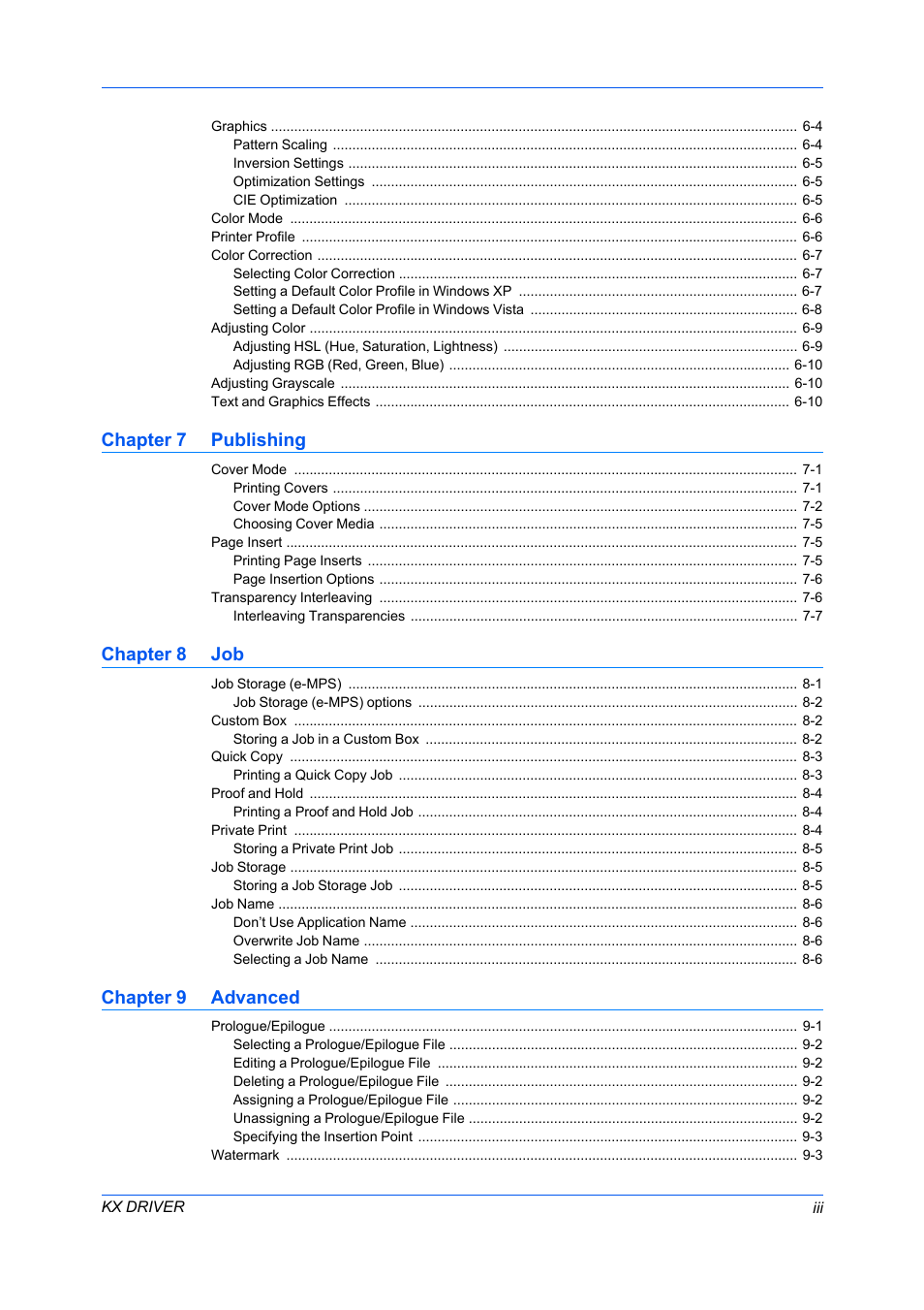 Chapter 7 publishing, Chapter 8 job, Chapter 9 advanced | Kyocera FS-C5100DN User Manual | Page 5 / 92