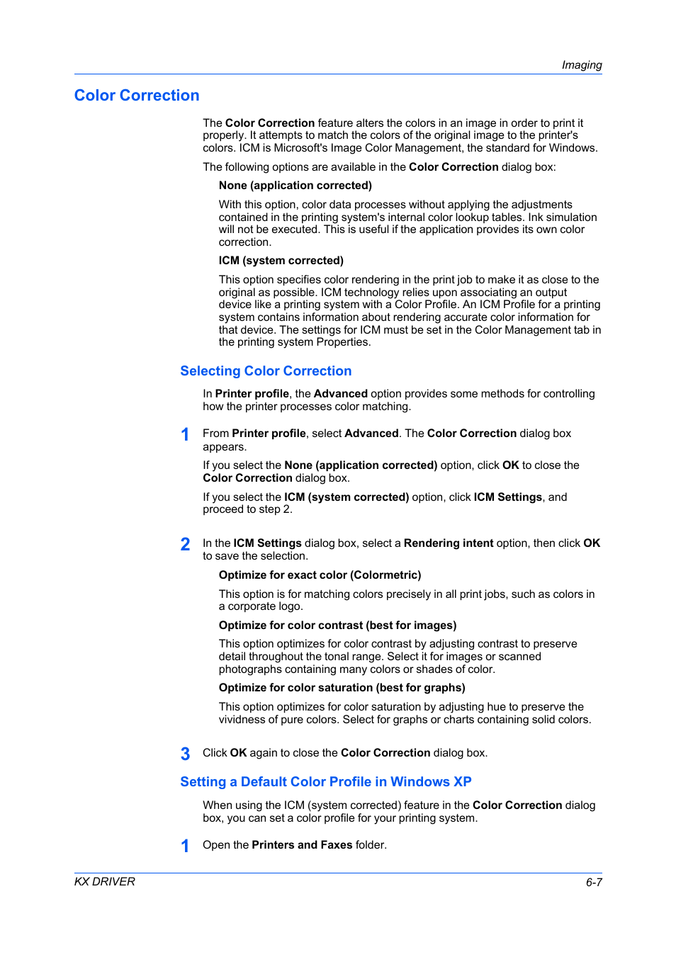 Color correction, Selecting color correction, Setting a default color profile in windows xp | Color correction -7 | Kyocera FS-C5100DN User Manual | Page 51 / 92