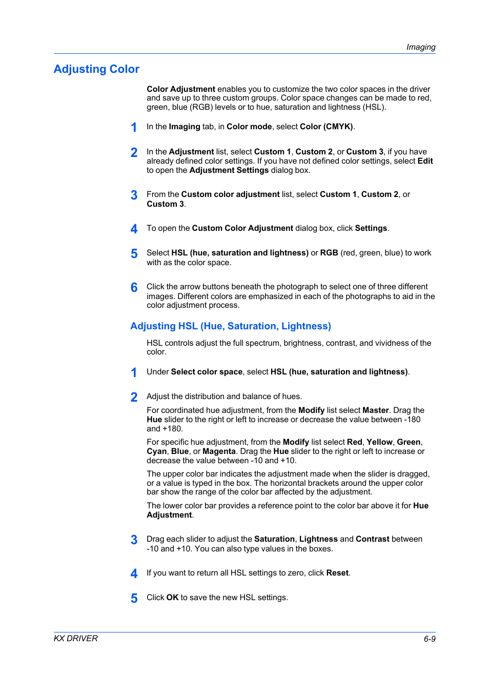 Adjusting color, Adjusting hsl (hue, saturation, lightness), Adjusting color -9 | Adjusting hsl (hue, saturation, lightness) -9 | Kyocera FS-C5100DN User Manual | Page 53 / 92