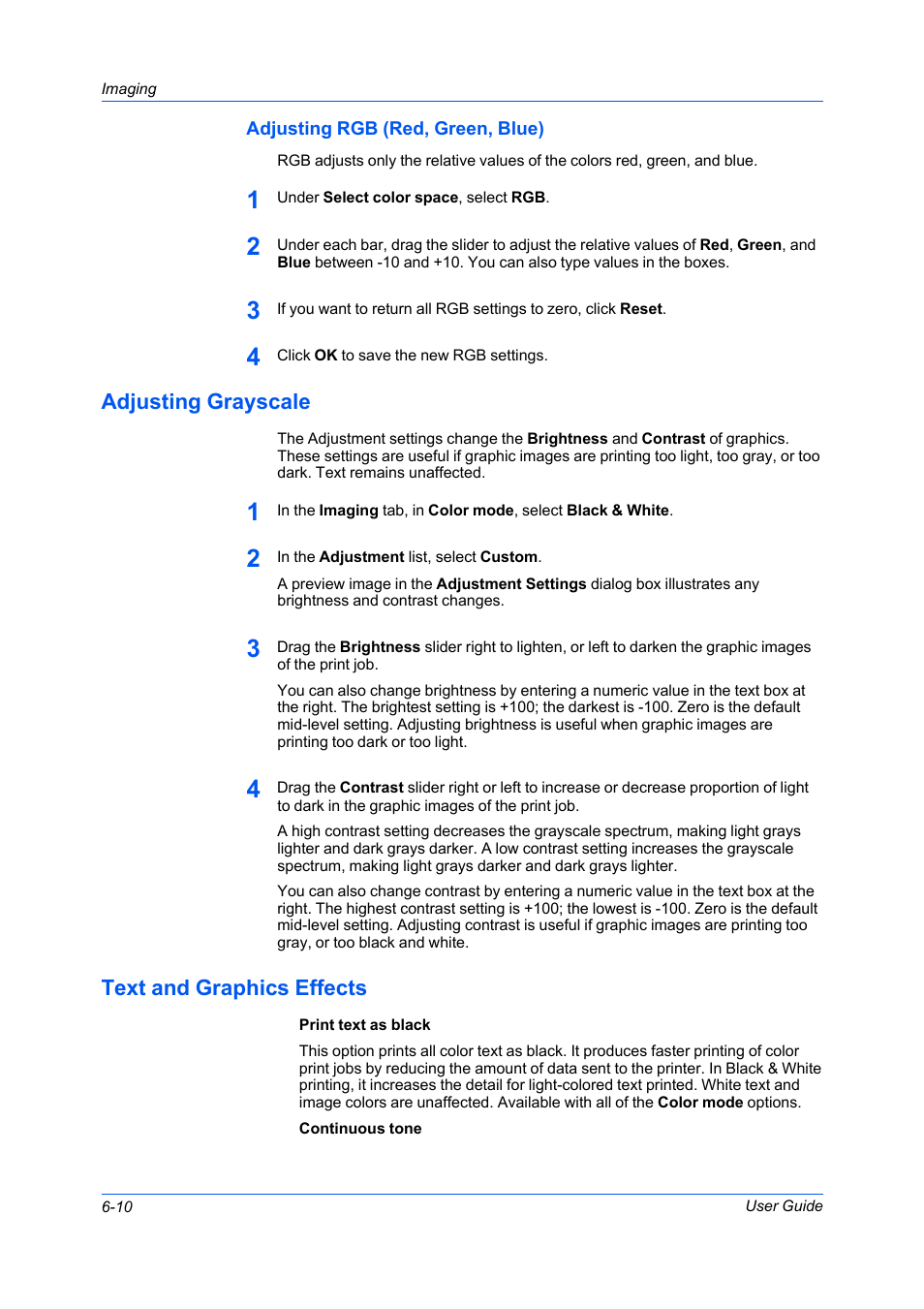 Adjusting rgb (red, green, blue), Adjusting grayscale, Text and graphics effects | Adjusting rgb (red, green, blue) -10 | Kyocera FS-C5100DN User Manual | Page 54 / 92