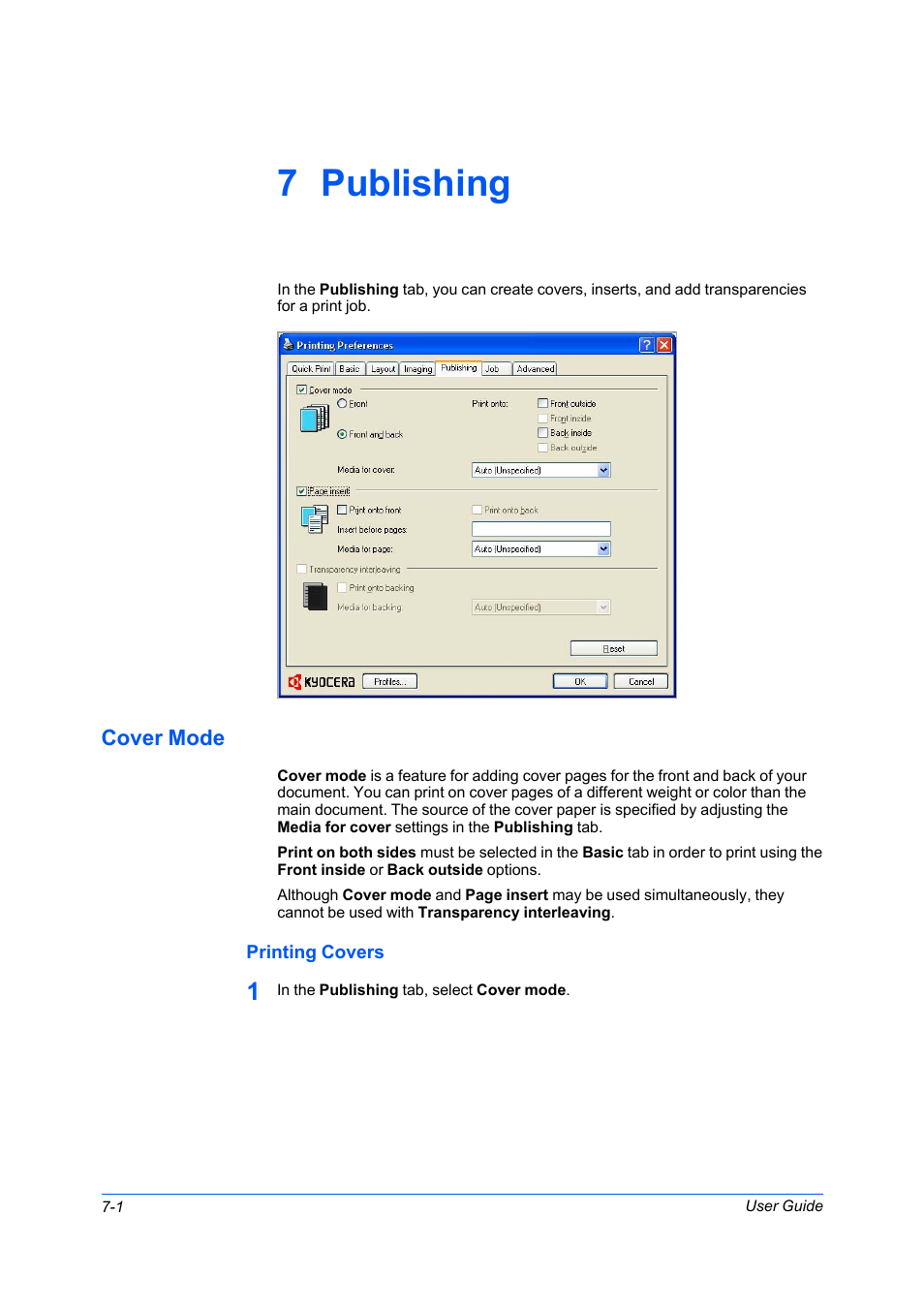 7 publishing, Cover mode, Printing covers | Cover mode -1, Printing covers -1 | Kyocera FS-C5100DN User Manual | Page 56 / 92