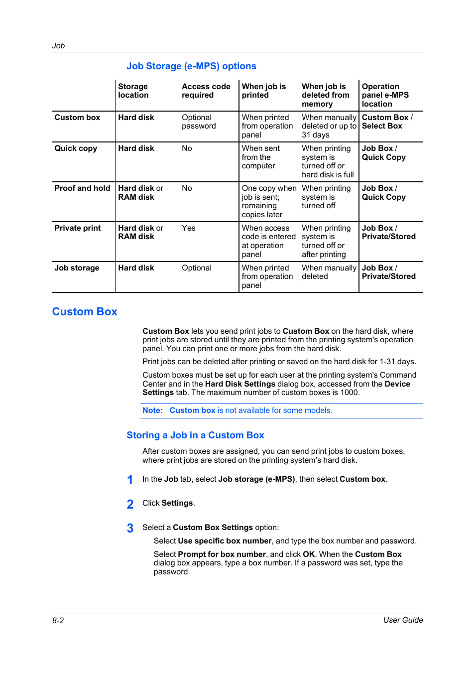 Job storage (e-mps) options, Custom box, Storing a job in a custom box | Job storage (e-mps) options -2, Custom box -2, Storing a job in a custom box -2 | Kyocera FS-C5100DN User Manual | Page 64 / 92