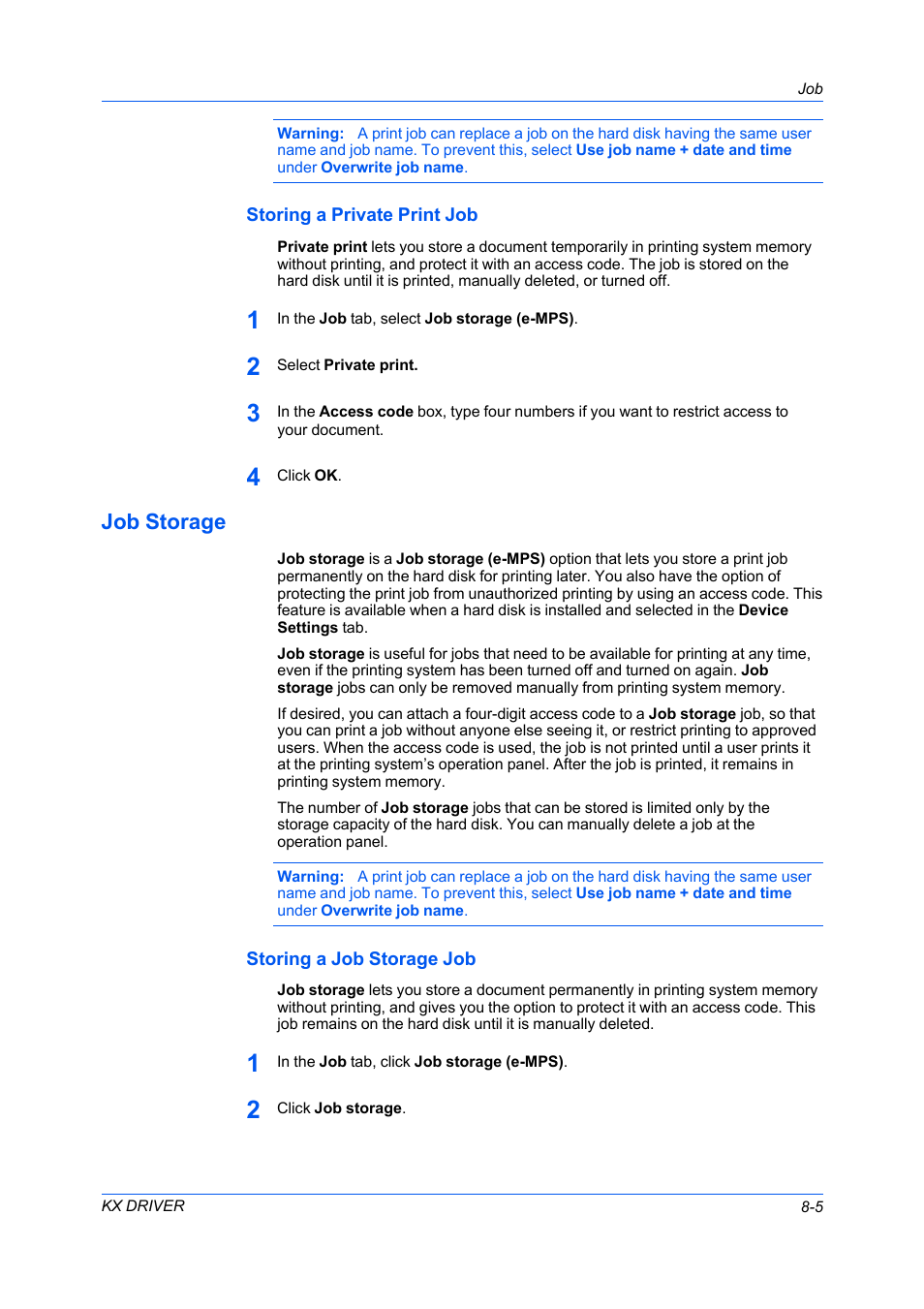 Storing a private print job, Job storage, Storing a job storage job | Storing a private print job -5, Job storage -5, Storing a job storage job -5 | Kyocera FS-C5100DN User Manual | Page 67 / 92