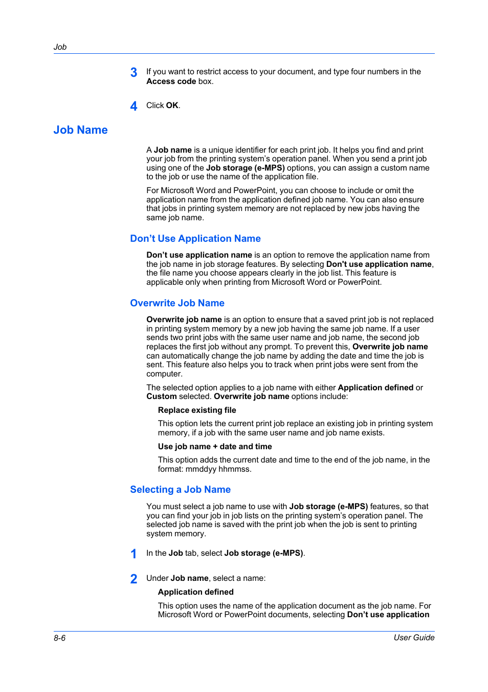 Job name, Don’t use application name, Overwrite job name | Selecting a job name, Job name -6 | Kyocera FS-C5100DN User Manual | Page 68 / 92