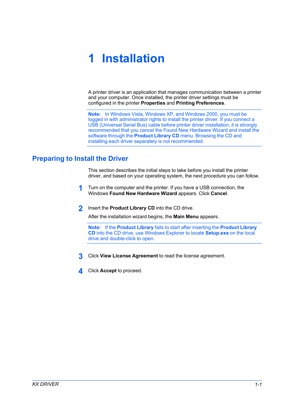 1 installation, Preparing to install the driver, Preparing to install the driver -1 | Kyocera FS-C5100DN User Manual | Page 7 / 92