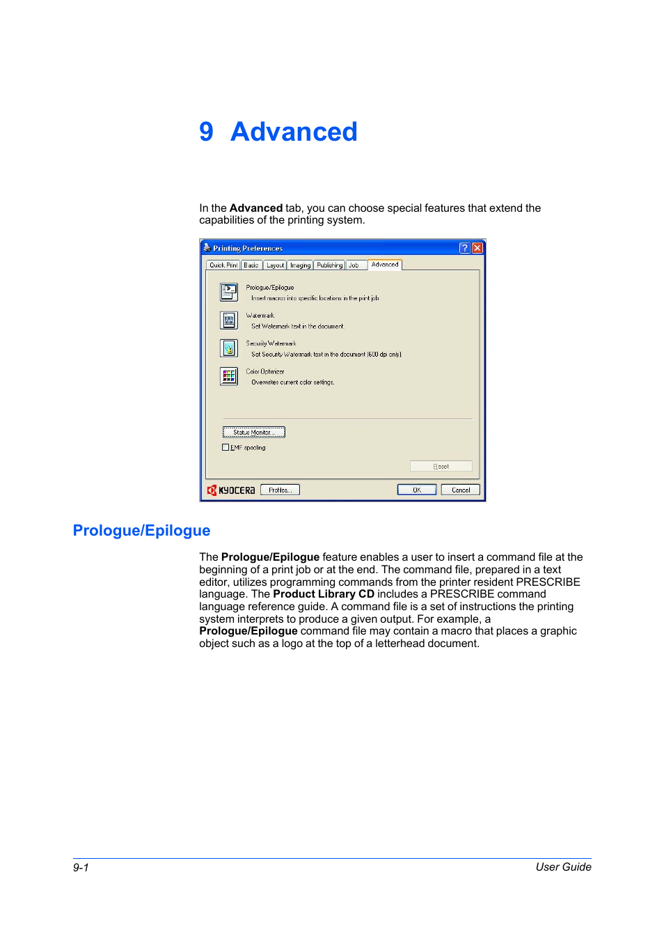 9 advanced, Prologue/epilogue, Prologue/epilogue -1 | Kyocera FS-C5100DN User Manual | Page 70 / 92