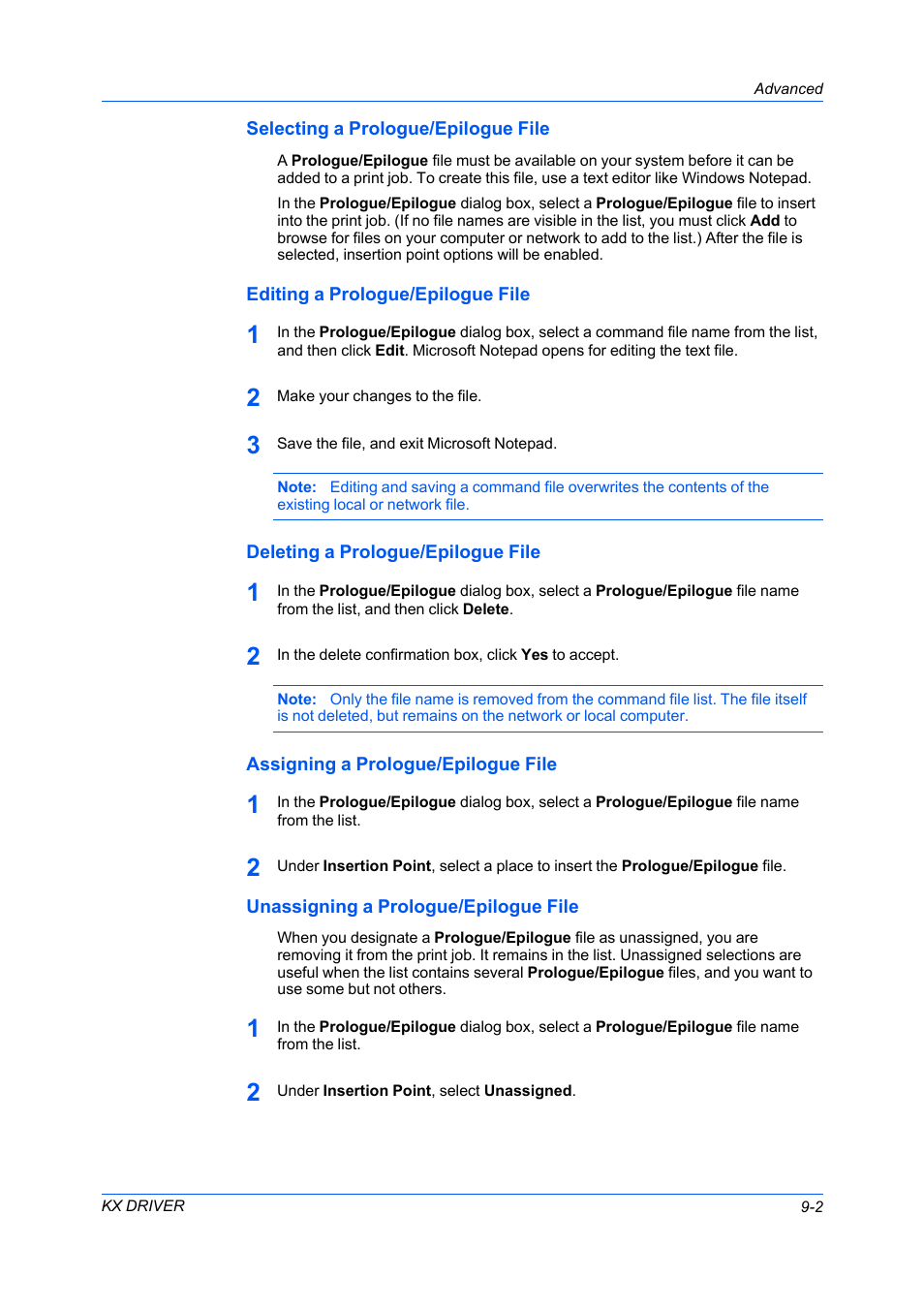 Selecting a prologue/epilogue file, Editing a prologue/epilogue file, Deleting a prologue/epilogue file | Assigning a prologue/epilogue file, Unassigning a prologue/epilogue file | Kyocera FS-C5100DN User Manual | Page 71 / 92
