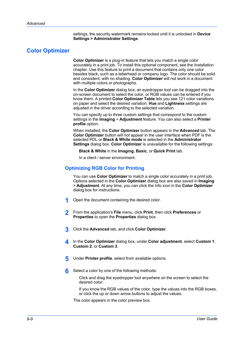 Color optimizer, Optimizing rgb color for printing, Color optimizer -9 | Optimizing rgb color for printing -9 | Kyocera FS-C5100DN User Manual | Page 78 / 92