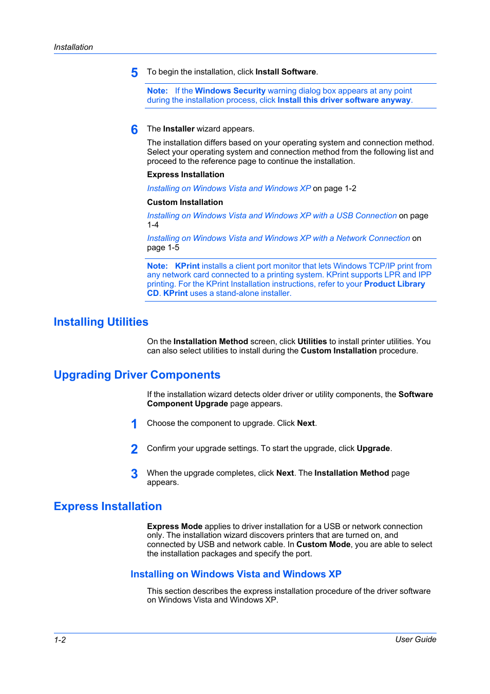 Installing utilities, Upgrading driver components, Express installation | Installing on windows vista and windows xp, Installing on windows vista and windows xp -2 | Kyocera FS-C5100DN User Manual | Page 8 / 92