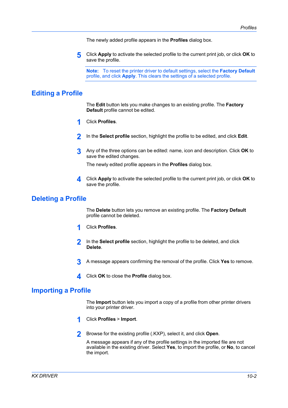 Editing a profile, Deleting a profile, Importing a profile | Kyocera FS-C5100DN User Manual | Page 83 / 92