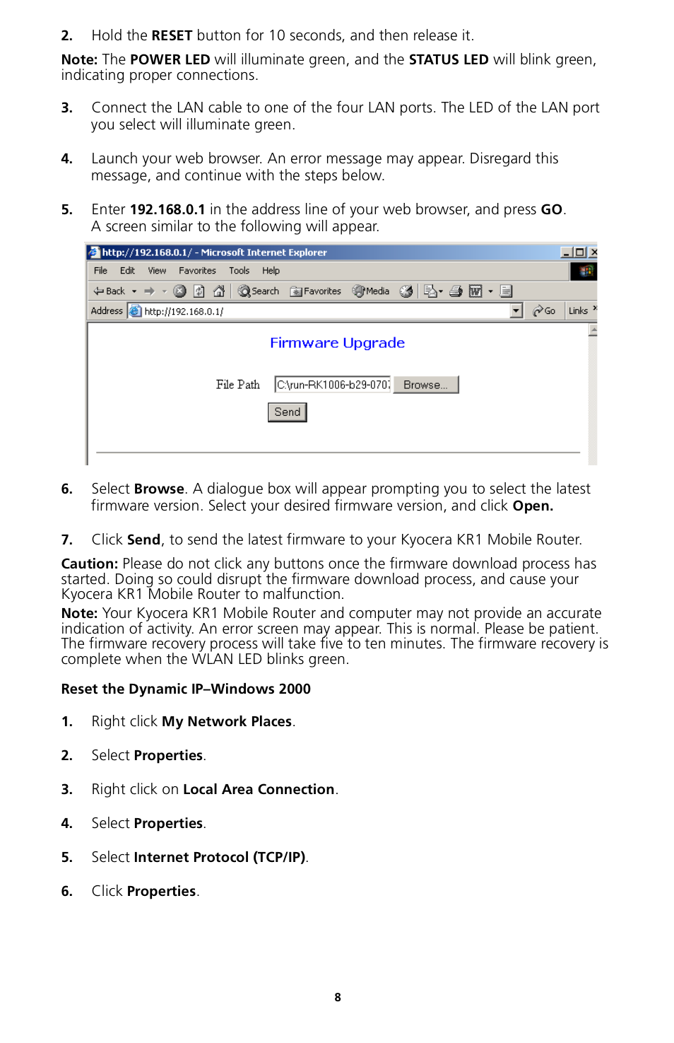 Reset the dynamic ip–windows 2000 | Kyocera 82-G1770-1FP User Manual | Page 11 / 61