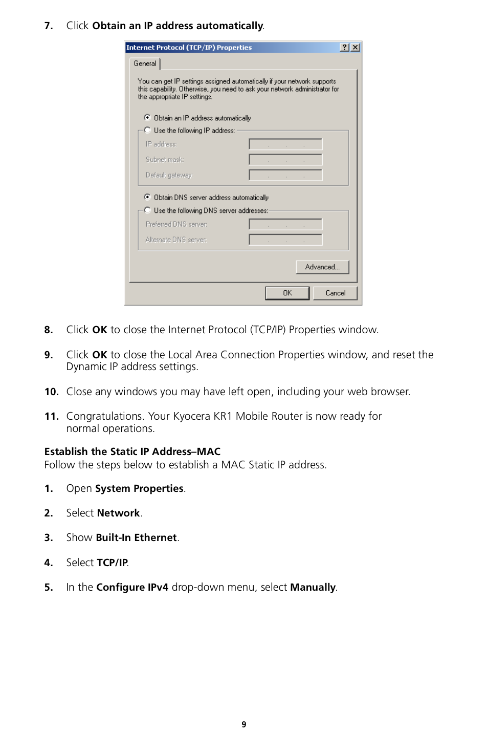 Establish the static ip address–mac | Kyocera 82-G1770-1FP User Manual | Page 12 / 61