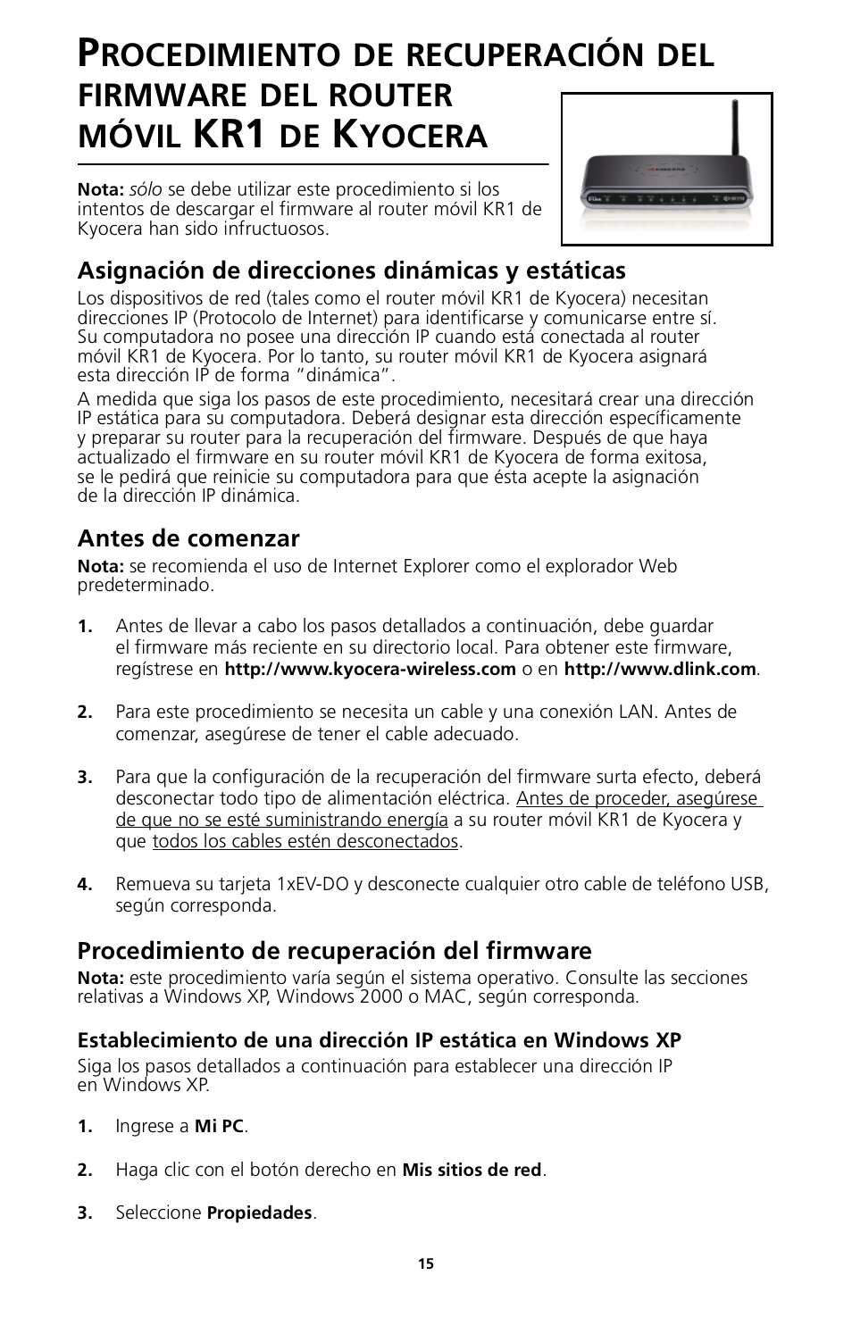 Asignación de direcciones dinámicas y estáticas, Antes de comenzar, Procedimiento de recuperación del firmware | Rocedimiento, Recuperación, Firmware, Router, Móvil, Yocera | Kyocera 82-G1770-1FP User Manual | Page 18 / 61