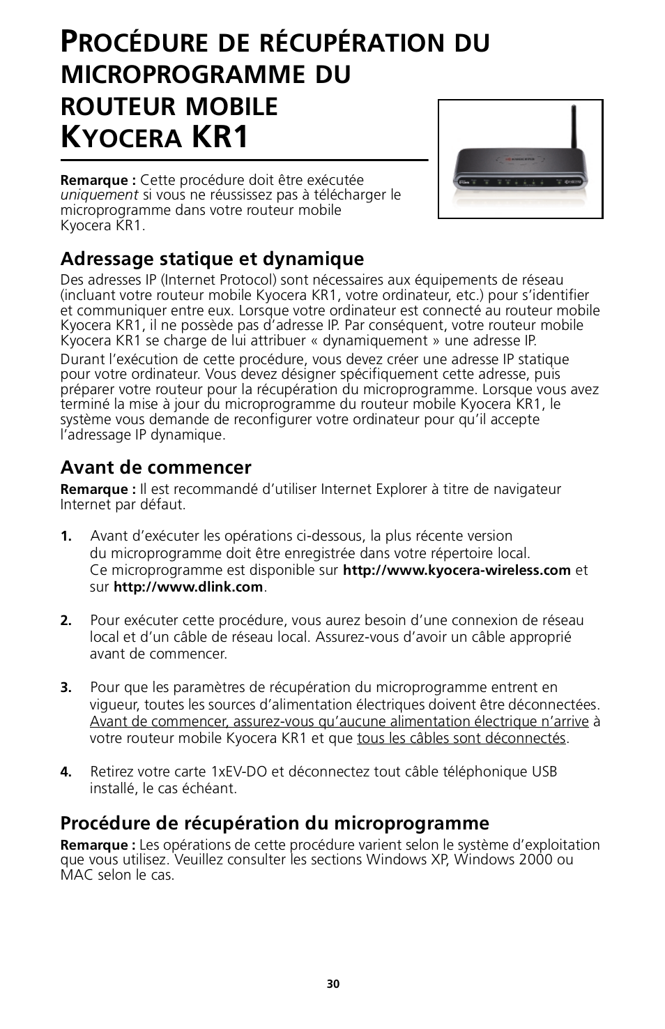 Adressage statique et dynamique, Avant de commencer, Procédure de récupération du microprogramme | Rocédure, Récupération, Microprogramme, Routeur, Mobile, Yocera | Kyocera 82-G1770-1FP User Manual | Page 33 / 61