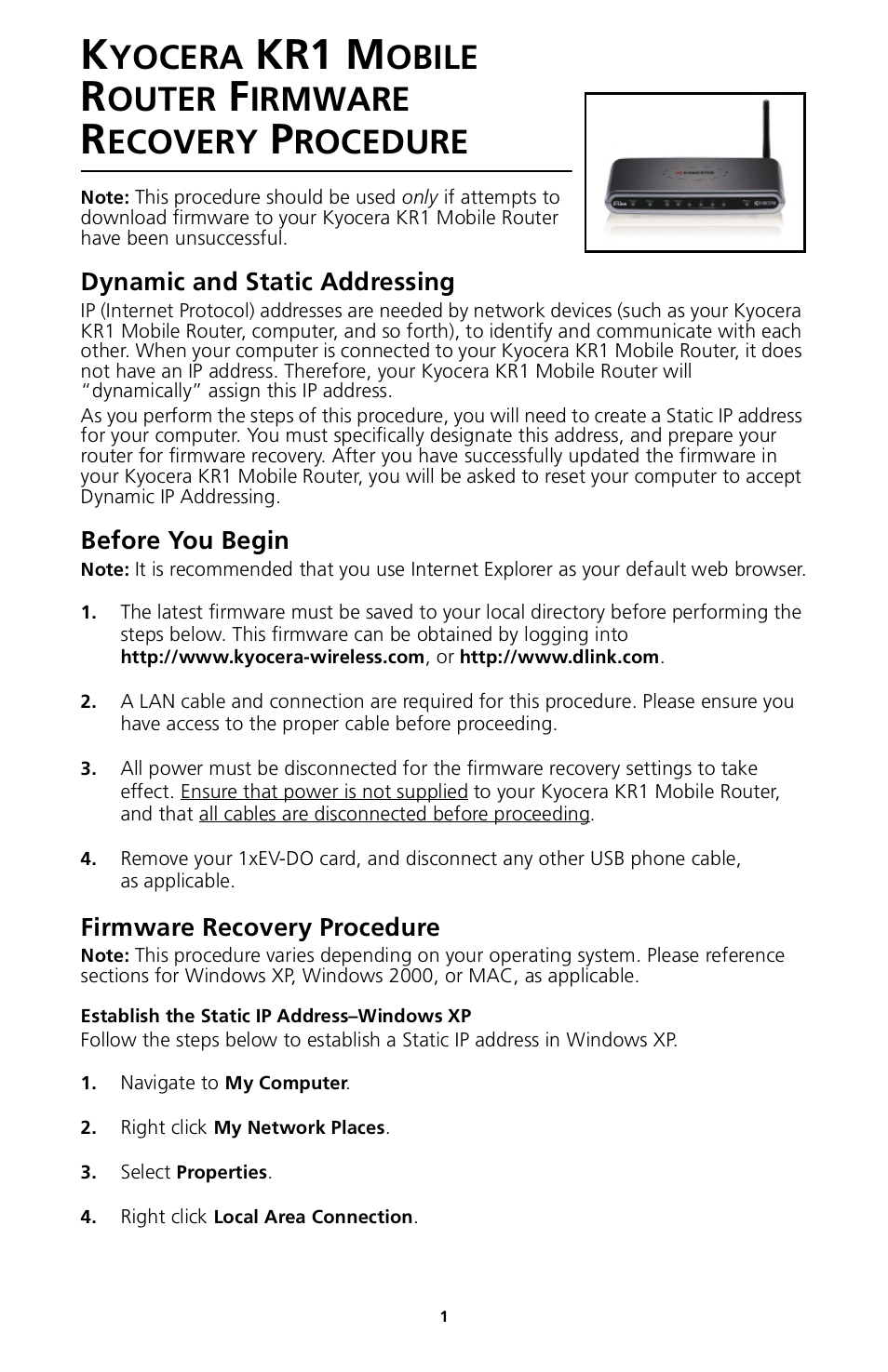Dynamic and static addressing, Before you begin, Firmware recovery procedure | Yocera, Kr1 m, Obile, Outer, Irmware, Ecovery, Rocedure | Kyocera 82-G1770-1FP User Manual | Page 4 / 61