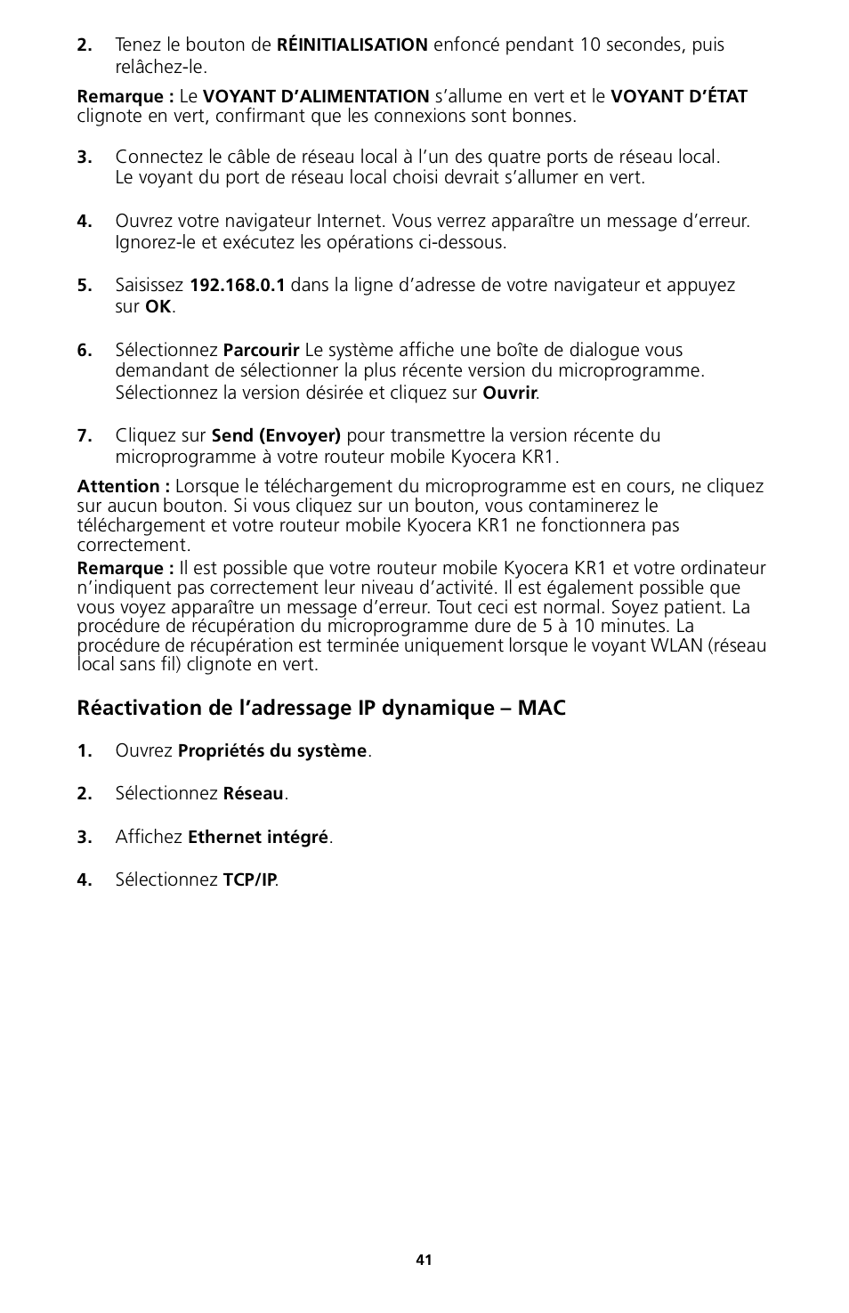 Réactivation de l’adressage ip dynamique – mac | Kyocera 82-G1770-1FP User Manual | Page 44 / 61