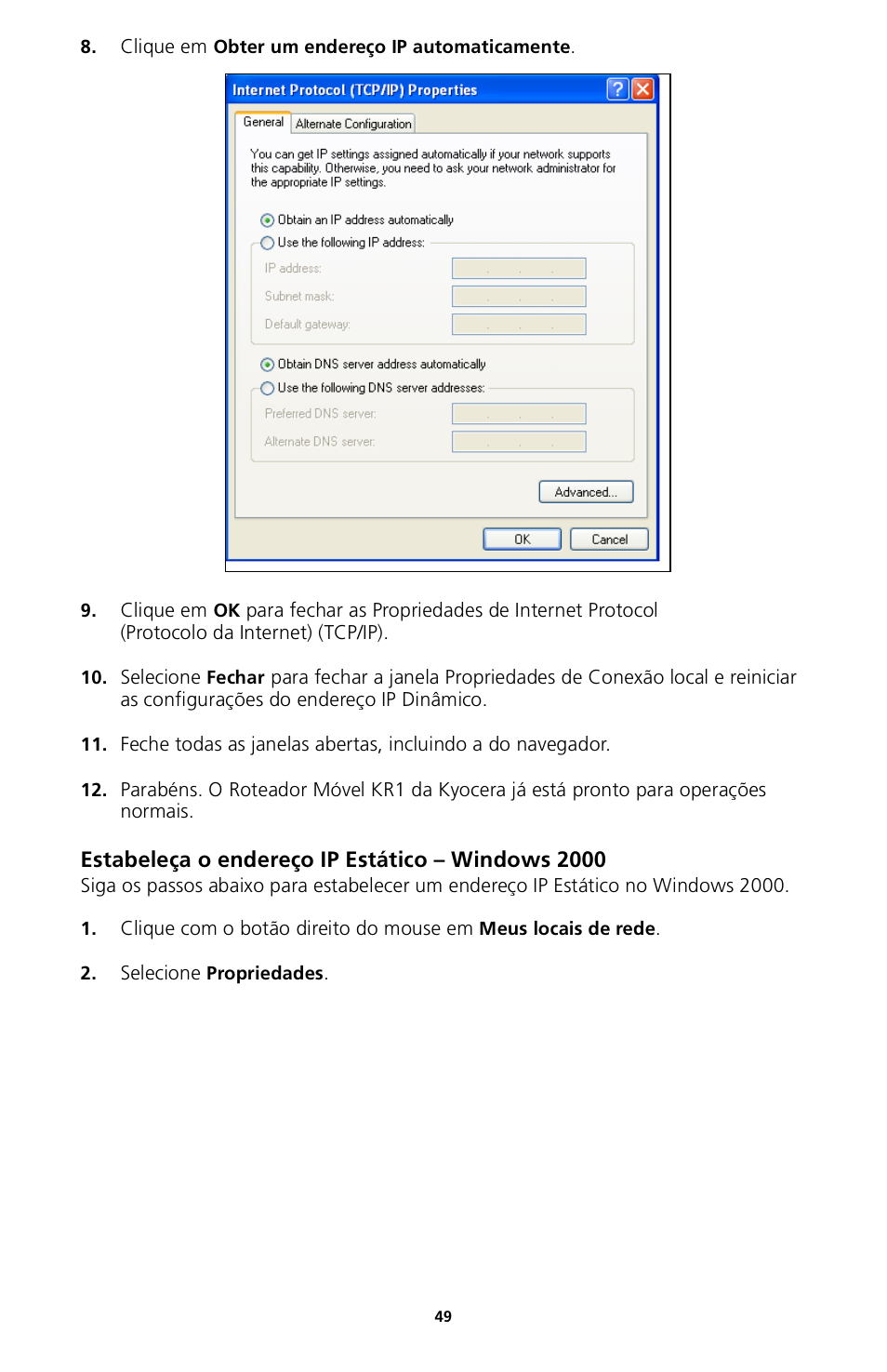 Estabeleça o endereço ip estático – windows 2000 | Kyocera 82-G1770-1FP User Manual | Page 52 / 61