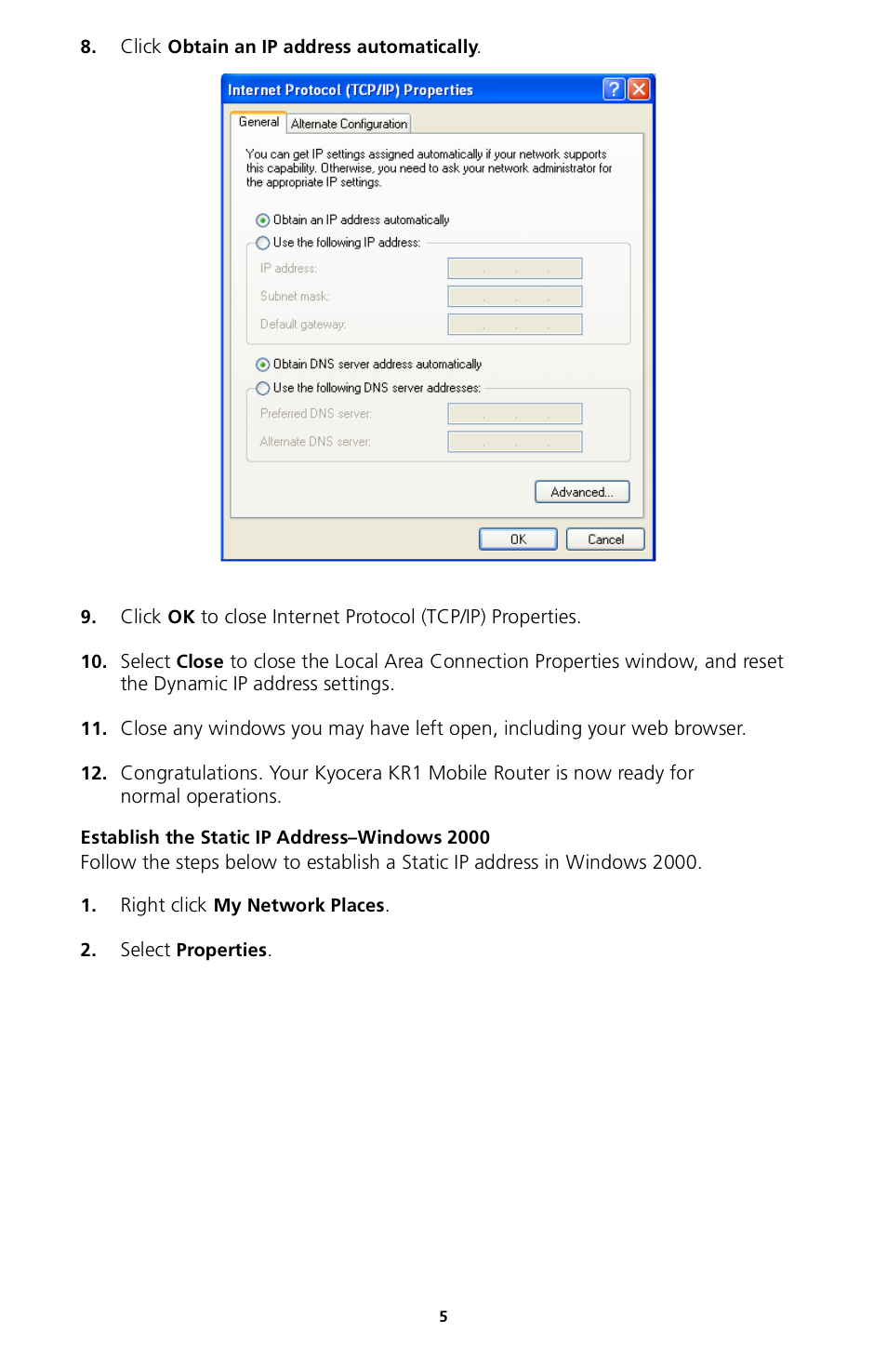 Establish the static ip address–windows 2000 | Kyocera 82-G1770-1FP User Manual | Page 8 / 61