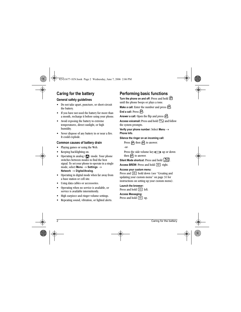 Caring for the battery, Performing basic functions | Kyocera KX9e User Manual | Page 10 / 64