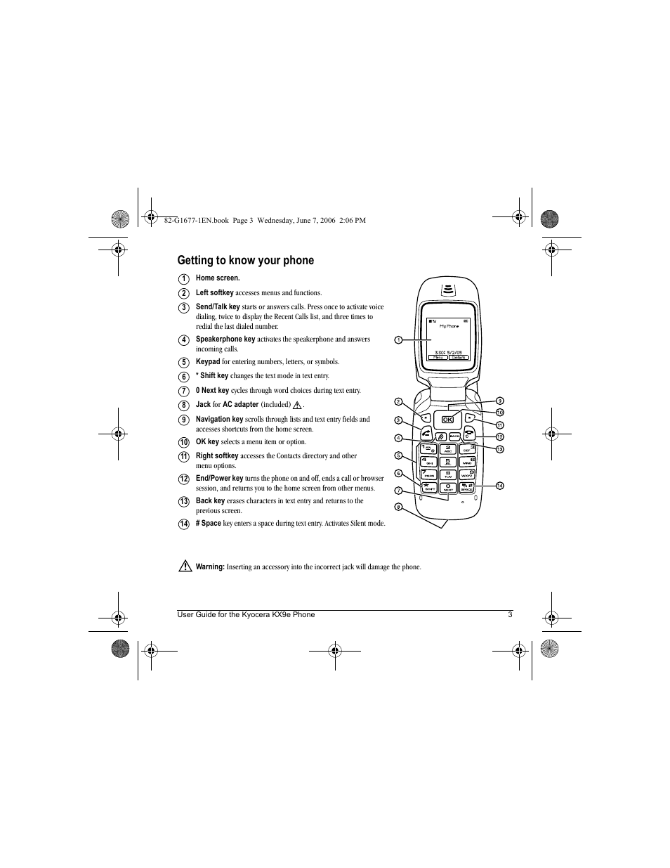 Getting to know your phone | Kyocera KX9e User Manual | Page 11 / 64