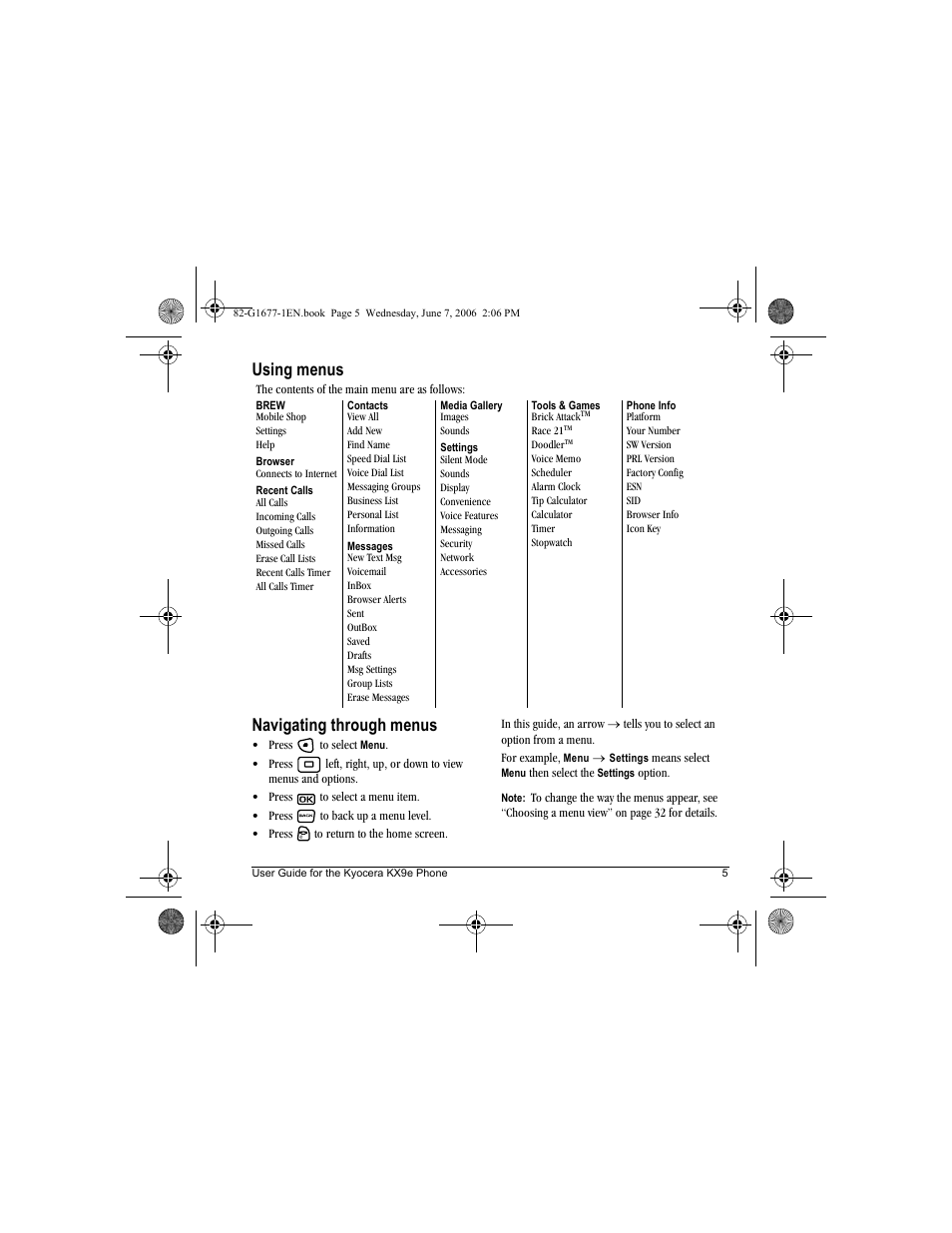 Using menus navigating through menus | Kyocera KX9e User Manual | Page 13 / 64