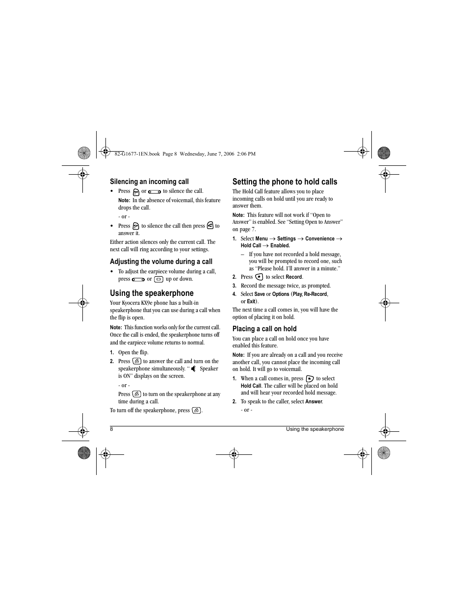 Using the speakerphone, Setting the phone to hold calls | Kyocera KX9e User Manual | Page 16 / 64