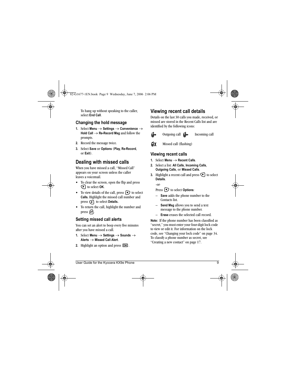 Dealing with missed calls, Viewing recent call details | Kyocera KX9e User Manual | Page 17 / 64