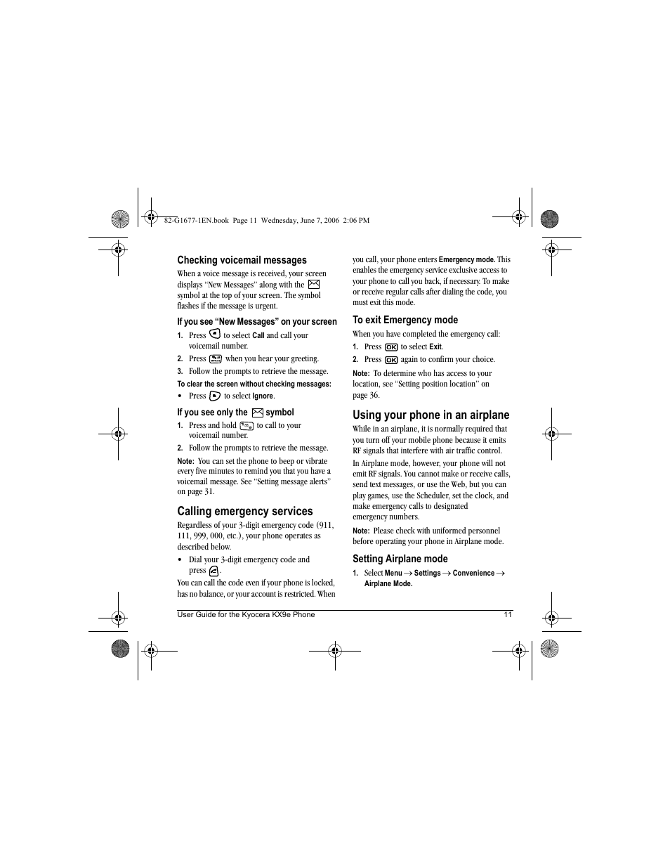 Calling emergency services, Using your phone in an airplane | Kyocera KX9e User Manual | Page 19 / 64