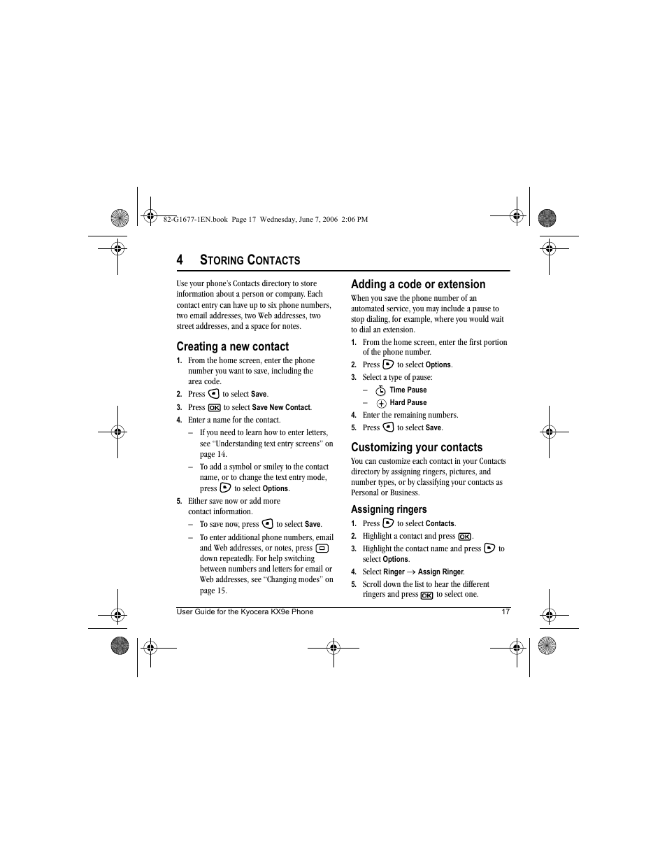 Creating a new contact, Adding a code or extension, Customizing your contacts | Kyocera KX9e User Manual | Page 25 / 64