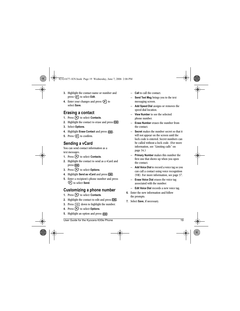 Erasing a contact, Sending a vcard, Customizing a phone number | Kyocera KX9e User Manual | Page 27 / 64